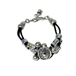 Chunky Bracelet Black Leather Cord Metal Pamplona Spain 8 1/2"